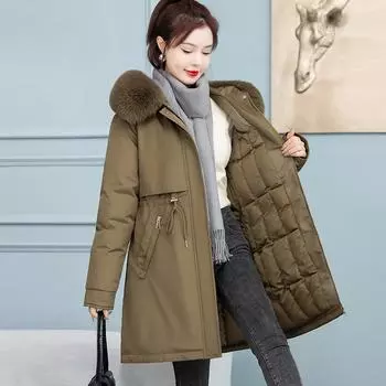 С капюшоном и меховым воротником пуховая одежда для женщин свободная модная универсальная и тонкая куртка хлопковая одежда M чёрный