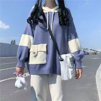 С капюшоном, контрастными цветными карманами, на шнуровке, свитера в стиле преппи, свободные пуловеры для женщин, японский трикотажный свитер Harajuku Y2k S синий