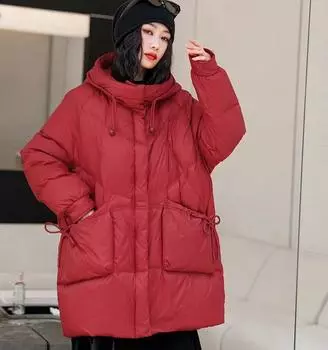 С капюшоном куртка-пуховик женская теплая верхняя одежда белый утиный пух свободный большой размер длинная зимняя L красный