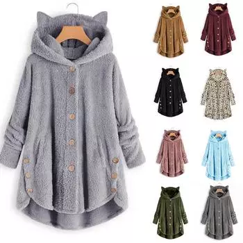 С капюшоном однотонное пальто на пуговицах для женщин с нерегулярными кошачьими ушками, плюшевый топ S чёрный