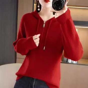 С капюшоном, однотонный, полуновый свитер на молнии, свободный повседневный женский свитер, бархатный топ с длинными рукавами от Andy M