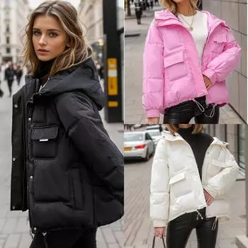 С капюшоном, пуховая хлопковая одежда, женская новая короткая зимняя куртка большого размера с утолщенными карманами S чёрный