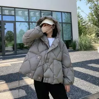 С капюшоном пуховик верхняя одежда зимняя мода белый утиный пух короткая куртка женская толстая теплая свободная кокон тип L белый
