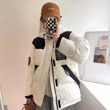 С капюшоном пуховик женский короткий зимний новый контрастный цвет дизайн чувство утолщенный пара пирог преодолеть куртку прилив M розовый