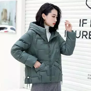 С капюшоном свободный простой модный белый утиный пух теплый пуховик женский короткий зимний пальто прилив M size 80-47.5kg чёрный