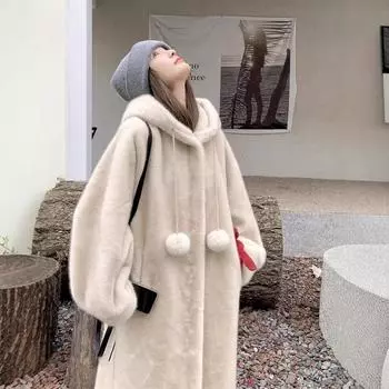 С капюшоном утолщенная имитация норки плюшевая шуба мех интегрированный искусственный мех защита окружающей среды ведьма длинное пальто женщины S (80-65kg)
