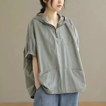 С капюшоном женская летняя свободная повседневная футболка на молнии с коротким рукавом модная солнцезащитная XXXL белый