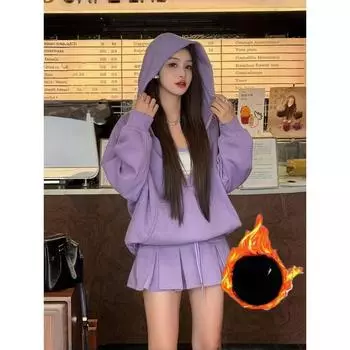 С капюшоном, женские толстовки с капюшоном, корейская мода, пуловер, однотонный, простой, для отдыха, универсальный, для улицы, свободный, в стиле Харадзюку, для колледжа, распространенный женский костюм L фиолетовый