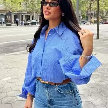 С карманами Винтажные блузки на пуговицах Полосатые женские укороченные рубашки Модные пляжные S роза розовый