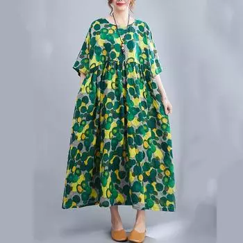 С коротким рукавом большие размеры, хлопковые винтажные женские повседневные свободные длинные летние платья зелёный