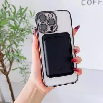 С кожаным слотом для карт прозрачный магнитный чехол для iPhone 16E 16 Pro Max 15 14 13 12 11 защитная пленка для объектива TPU мягкий противоударный чехол для телефона Magsafe iPhone 16E чёрный