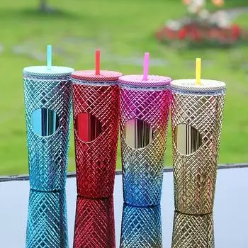 С крышкой и соломинкой полностью украшенный стакан 24 унции чашки для напитков фитнес соломинка бутылка для воды для женщин розы красного