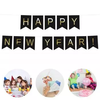 С Новым Годом Баннер Кулон Черный Золотой Буква Флаг Бумажный Баннер Подвесной Орнамент DIY Праздничная Вечеринка Сцена Макет 2024 Новый Год Украшения Дома золотистый