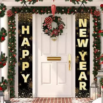 С Новым годом, подвесной флаг, баннер на дверь крыльца, новогодний декор для дома 2024, подвесной черный золотой баннер на дверь, новогодний декор 2025
