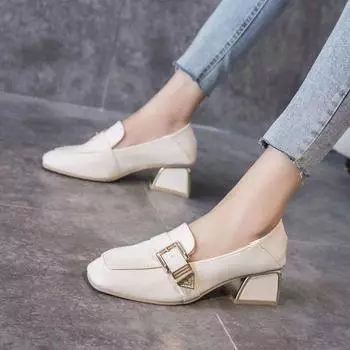 С обувью на среднем каблуке для женщин 2024 года, мокасины с квадратным носком, офисная обычная кожаная повседневная женская летняя обувь Lastest Young 34