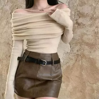 С открытыми плечами и длинным рукавом, сексуальная рубашка, топы, женская элегантная облегающая однотонная повседневная блузка, женская одежда, винтажные весенние и осенние женские рубашки 25981 One Size чёрный