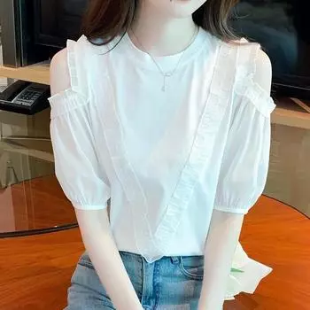 С открытыми плечами и пышными рукавами, модная кружевная лоскутная блузка с коротким рукавом, летняя белая женская облегающая шифоновая рубашка, женские однотонные женские топы 24450 S белый