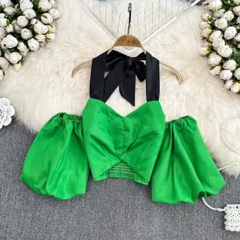 С открытыми плечами, с бретелькой на шее, в тон, милый бант, с пышными рукавами, женская шикарная рубашка в стиле вестерн, короткий топ с открытой спиной, летний