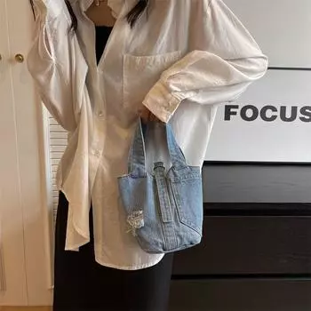 С отверстием джинсовая сумка-ведро большой емкости холщовая сумка для обеда персонализированная сумка-тоут для улицы светло-синий
