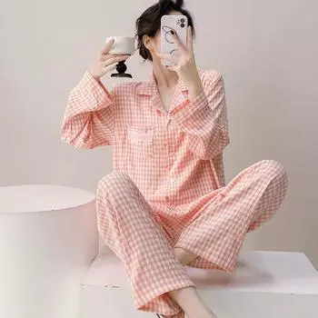 С подушкой Пижама женская Весна и Осень Модели Облачный хлопок Длинные рукава Носимая клетчатая домашняя одежда Комплект из двух предметов L розовый