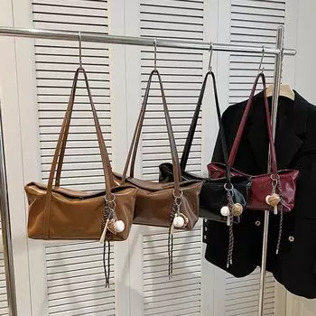 с подвеской сумка для пельменей из искусственной кожи, однотонная винтажная сумка на плечо, портативная сумка-подушка Boston для вечеринки чёрный