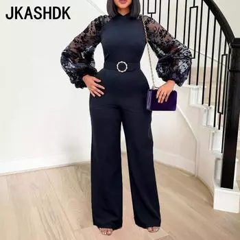 С поясом JKASHDK Женская мода Повседневное сплошной цвет с принтом Большие размеры Весна Осень Длинные рукава с воротником-стойкой и высокой талией Брюки Комбинезоны и комбинезоны S белый