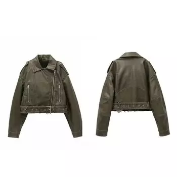 с поясом кожаная куртка женская мото байкер ретро укороченное пальто ветровки куртки Y2k уличная одежда S чёрный