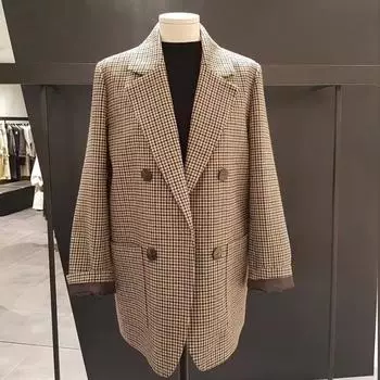 С поясом модный весенний винтажный женский пиджак с карманами «гусиные лапки» и поясом, двубортный клетчатый женский пиджак с длинным рукавом M