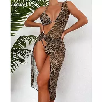 С прикрытием леопардовый Холтер бикини женский купальник женский купальник из трех частей комплект бикини купальный костюм купальный костюм леди S леопардовый