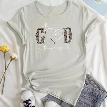 С принтом Бога Женская футболка Летняя повседневная футболка с коротким рукавом и круглым вырезом Женская одежда Женские топыФутболки S