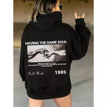 С принтом «Та же душа» Женская толстовка с капюшоном Harajuku Высококачественная модная повседневная толстовка Осенний свободный спортивный костюм Одежда S