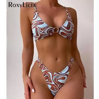 С принтом высокие ноги металлические кольца бикини женские купальники женский купальник из двух частей комплект бикини купальный костюм купальный костюм леди S