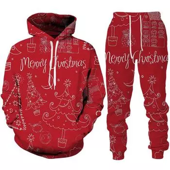 С Рождеством 3D принт мужская толстовка/комплект весенне-осенний костюм толстовка с капюшоном + брюки костюм модная уличная одежда для пар S