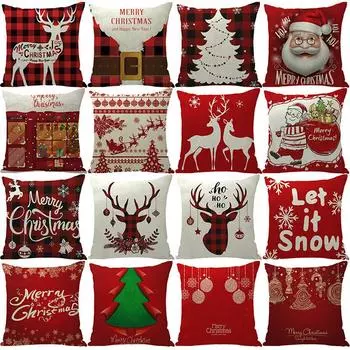 С Рождеством наволочка с принтом Санта-Лося, льняная подушка в клетку для рождественского украшения 45*45 cm