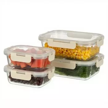S SALIENT glass storage set of airtight oven and dishwasher for making food in freezing beige Heat-resistant containers, 4, tupperware, microwave, бежевый