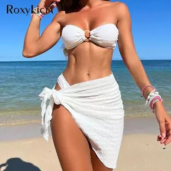 С саронг бандо без бретелек сморщенный бикини женский купальник женский купальник из трех частей бикини комплект купальный костюм S оранжевый