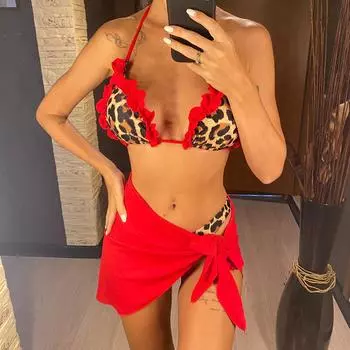 С саронгом леопардовый оборчатый бикини женский купальник женский купальник из трех частей бикини комплект купальный костюм купальный костюм S красный