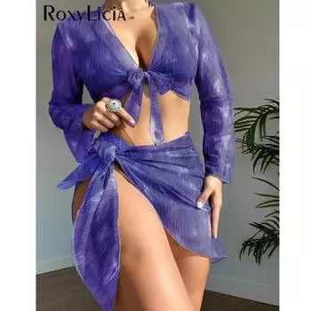 С саронгом, с длинным рукавом, бикини, женский купальник, женский купальник, комплект бикини из четырех предметов, купальный костюм, купальный костюм для леди S синий