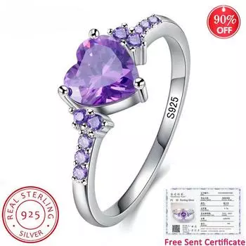 С сертификатом кольца из 100% серебра 925 пробы с фиолетовым цирконием и кристаллами для женщин, милые ювелирные изделия в форме сердца, романтический подарок на день Святого Валентина 7