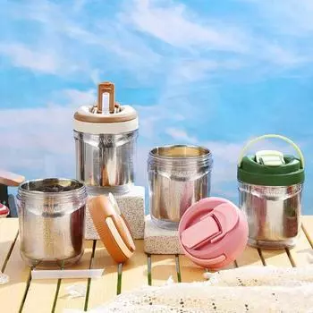 с соломинкой Двойная питьевая кружка из нержавеющей стали Стакан для воды Прочная бутылка для сока Офис зелёный