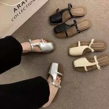 С юбкой нежные французские сандалии женские 2025 новая летняя корейская версия сказочный ветер носить римские плоские тапочки 35 чёрный