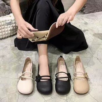 С юбкой, новые весенние туфли-бини в стиле феи с плоским дном и неглубоким горлом, мягкая подошва, удобные женские туфли Мэри Джейн 35 чёрный