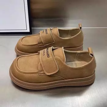 С юбкой Ретро Маленькие кожаные туфли Женские однопедальные универсальные туфли Мокасины с мягкой подошвой на липучке 35 коричневый