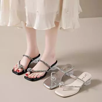 С юбкой тапочки женская летняя одежда 2025 новые летние стразы классные тапочки французские толстые каблуки красивые босоножки на высоком каблуке 35 бежевый