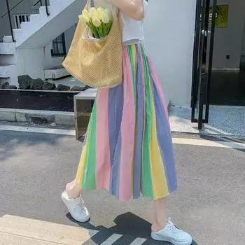 (с внутренней подкладкой) Цветная средняя и длинная юбка, уменьшающая возраст, нишевый дизайн, чувство весны и лета, новая полосатая юбка А-образной формы, юбка-зонтик S