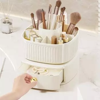 С вращающимся многофункциональным ящиком на 360 градусов Органайзер для макияжа Коробка для хранения косметики Туалетный столик белый