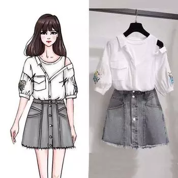 S-XL Летняя женская футболка с круглым вырезом и открытыми плечами в нерегулярную полоску + сексуальные джинсовые шорты, 2 шт., офисная женская футболка, шорты на пуговицах, костюм XL