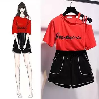 S-XL Летняя женская сексуальная футболка с круглым вырезом и открытыми плечами, нерегулярная футболка с надписью + спортивные шорты, 2 шт., офисная женская тонкая футболка, свободные шорты, костюмы XL