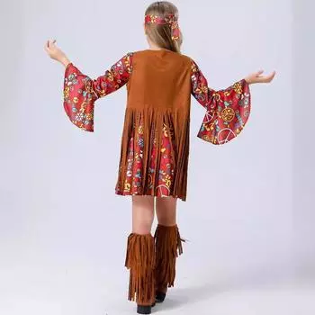 S-XL Музыкальный фестиваль Винтажный диско-костюм для детей, костюм для девочек на Хэллоуин с принтом хиппи и кисточками для выступлений 120cm