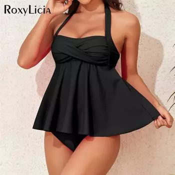 S-XL новый женский купальник с рюшами и открытой спиной, бикини с высокой талией, женские купальники, комплект бикини из двух частей, купальный костюм для плавания S чёрный